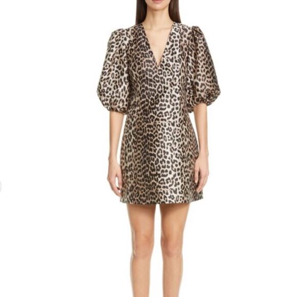 NWT Ganni Leopard Jacquard Puff Sleeve Mini Dress - Picture 1 of 9